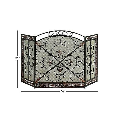 Traditional 3 Panel Metal Fireplace Screen With Filigree Design, Bronze, Black