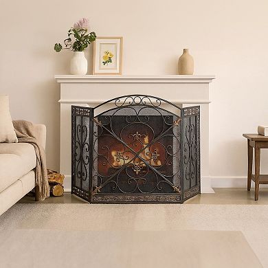 Traditional 3 Panel Metal Fireplace Screen With Filigree Design, Bronze, Black