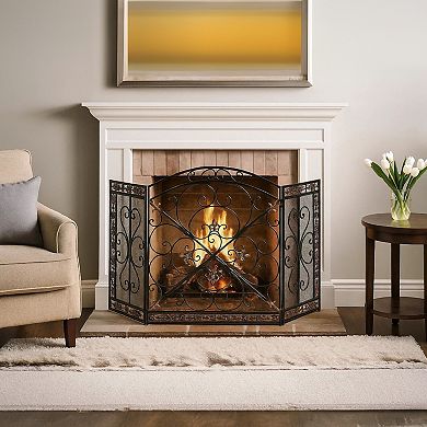 Traditional 3 Panel Metal Fireplace Screen With Filigree Design, Bronze, Black