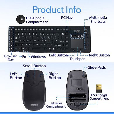 Delton M90/M44 Medical Grade Airtight Waterproof Wireless Computer Keyboard & Mouse, Black