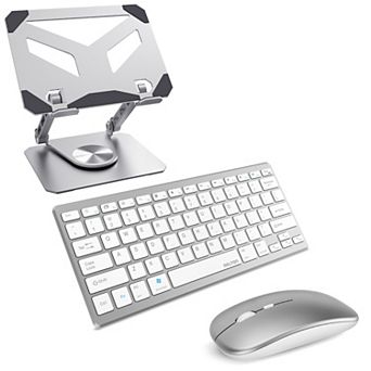 Delton N35 Wireless Keyboard and Mouse & Swivel Tablet Stand Bundle, White