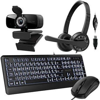 Delton 12Y USB Headset, 1080p Webcam, Big-Key USB Keyboard & Mouse Bundle, Black