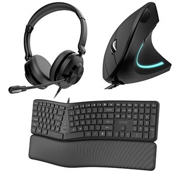 Delton E250 Ergonomic Keyboard, Vertical Mouse & Wired Headphone/Headset Kit, Black