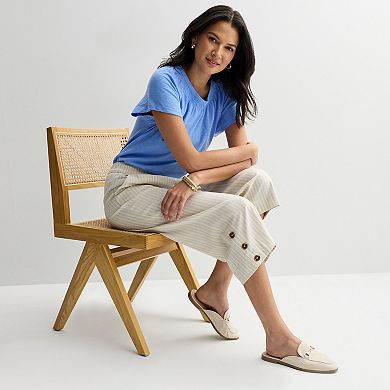 Petite Croft & Barrow® Button Hem Pull On Linen Cropped Pants