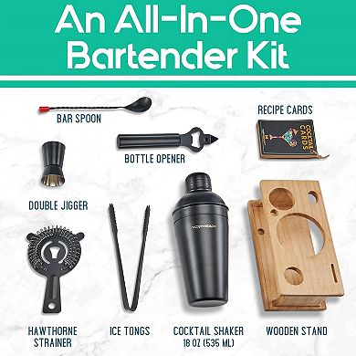 8-Piece Black Matte Cocktail Shaker Set with Pine Wood Stand, Recipe Cards, and Bar Accessories