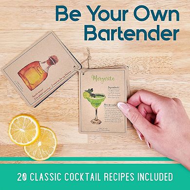 8-Piece Black Matte Cocktail Shaker Set with Pine Wood Stand, Recipe Cards, and Bar Accessories