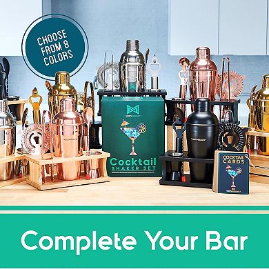 8-Piece Black Matte Cocktail Shaker Set with Pine Wood Stand, Recipe Cards, and Bar Accessories