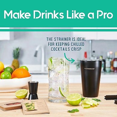 8-Piece Black Matte Cocktail Shaker Set with Pine Wood Stand, Recipe Cards, and Bar Accessories