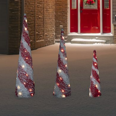 Northlight LED Lighted Candy Cane Striped Christmas Cone Trees Set of 3