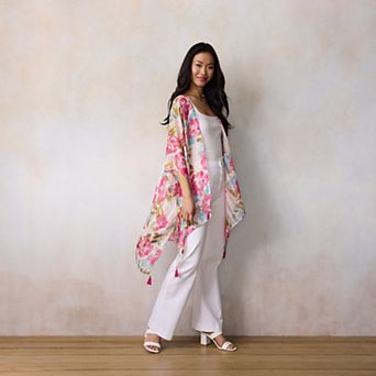 Women's LC Lauren Conrad Lurex Floral Ruana Topper With Tassels