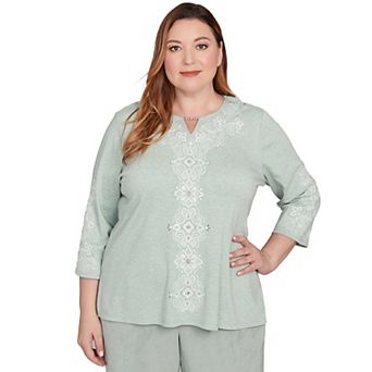 Plus Size Alfred Dunner Floral Velvet Soutache Mesh Top with Necklace