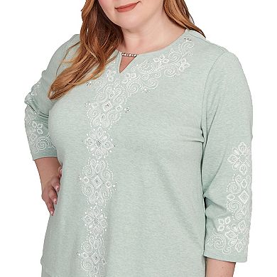 Plus Size Alfred Dunner Floral Velvet Soutache Mesh Top with Necklace