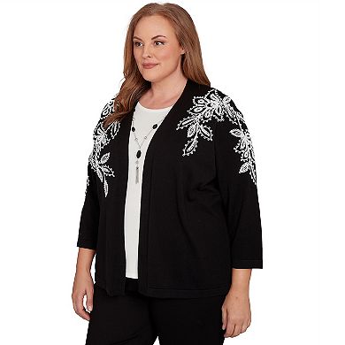 Plus Size Alfred Dunner Floral Soutache Two-in-One Sweater with Necklace