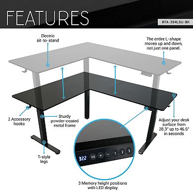 Techni Mobili 63” W L-Shaped Electric Standing Desk, Black