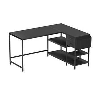 Techni Mobili L-Shaped Desk with Drawers, Shelves and Organizer, Black