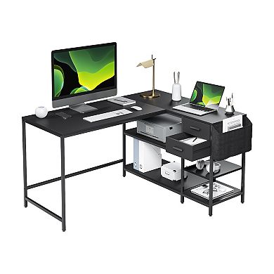 Techni Mobili L-Shaped Desk with Drawers, Shelves and Organizer, Black