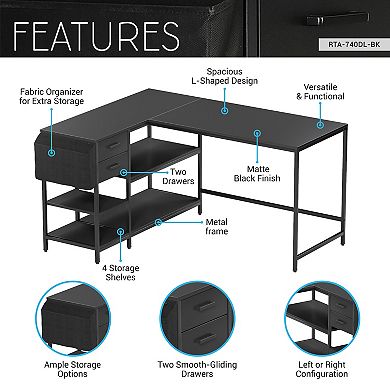 Techni Mobili L-Shaped Desk with Drawers, Shelves and Organizer, Black