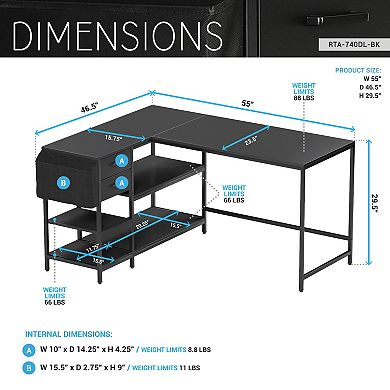 Techni Mobili L-Shaped Desk with Drawers, Shelves and Organizer, Black