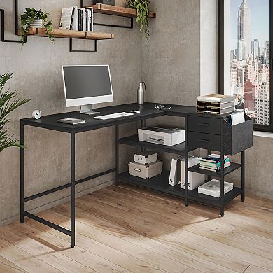Techni Mobili L-Shaped Desk with Drawers, Shelves and Organizer, Black