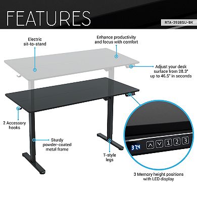 Techni Mobili 55” W Electric Standing Desk, Black