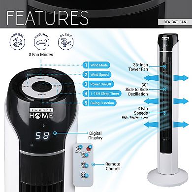 Techni Home 36” Tower Fan with Remote and LED Display