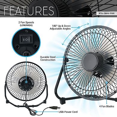 Techni Home 8” High Velocity 2-Speed USB Powered Portable Fan