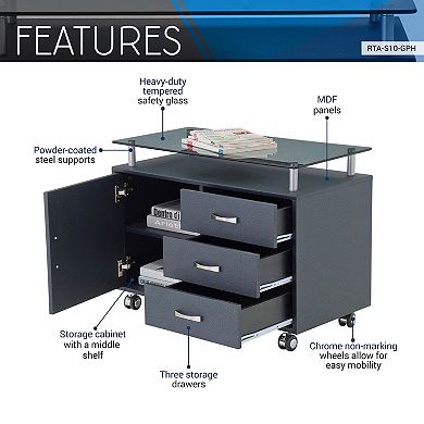 Techni Mobili Rolling Storage Cabinet with Frosted Glass Top, Graphite