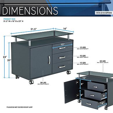 Techni Mobili Rolling Storage Cabinet with Frosted Glass Top, Graphite