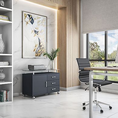 Techni Mobili Rolling Storage Cabinet with Frosted Glass Top, Graphite