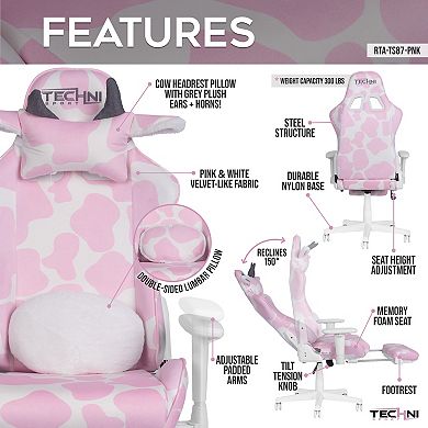 TS87 Pink COW Series Gaming Chair with Footrest