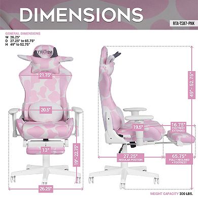 TS87 Pink COW Series Gaming Chair with Footrest