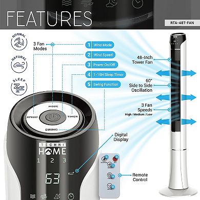Techni Home 48” Tower Fan with Remote and LED Display