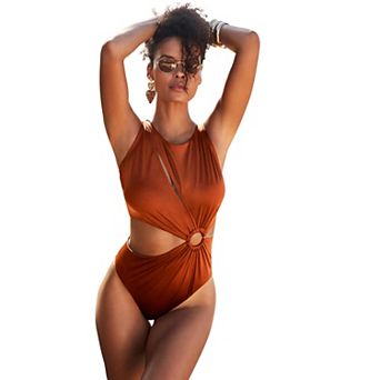 Swimsuits for All Women's Shimmer High Neck Cut Out Ring One Piece Swimsuit