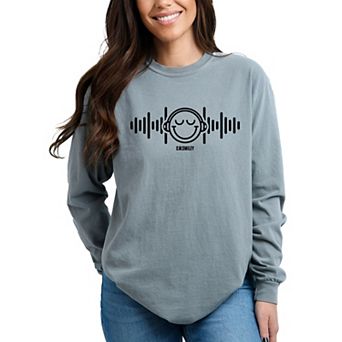 S.W.Smiley Headphones Music - Women's Garment Dyed Long Sleeve Graphic T-Shirt