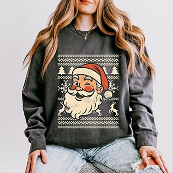 Ugly Sweater Santa Face - Women's Lightweight Garment Dyed Sweatshirt