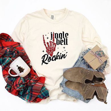 Jingle Bell Rockin' Skeleton Glitter - Womens Garment Dyed Long Sleeve