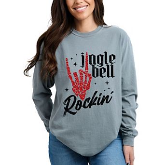 Jingle Bell Rockin' Skeleton Glitter - Womens Garment Dyed Long Sleeve