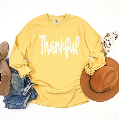 Thankful Cursive Distressed - Women's Garment Dyed Long Sleeve Graphic T-Shirt