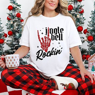 Jingle Bell Rockin' Skeleton Glitter - Womens Garment Dyed Tee