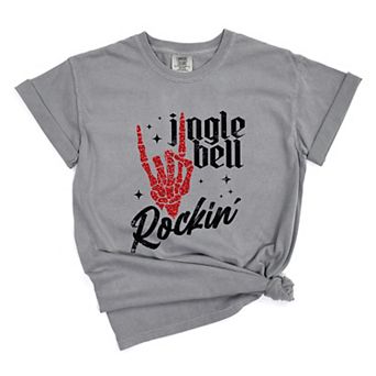 Jingle Bell Rockin' Skeleton Glitter - Womens Garment Dyed Tee