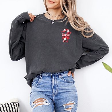Candy Cane Bow Patchwork Print - Women's Garment Dyed Long Sleeve Graphic T-Shirt