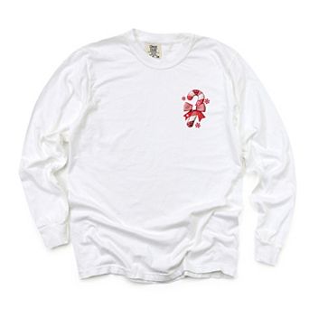 Candy Cane Bow Patchwork Print - Women's Garment Dyed Long Sleeve Graphic T-Shirt