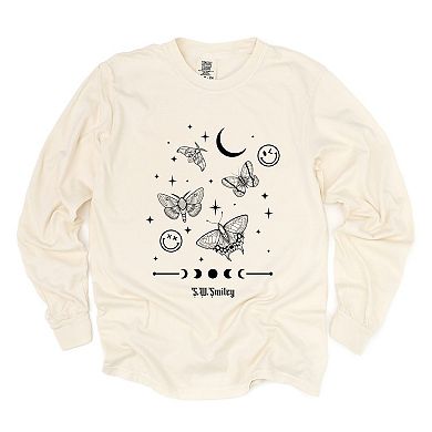S.W.Smiley Witchy Moth - Women's Garment Dyed Long Sleeve Graphic T-Shirt