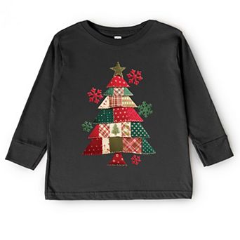 Christmas Tree Patchwork Print - Toddler Long Sleeve Graphic Tee