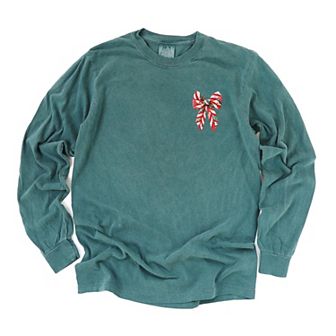 Christmas Bow Quilted Print - Women's Garment Dyed Long Sleeve Graphic T-Shirt