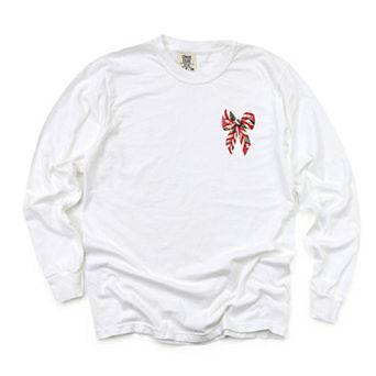 Christmas Bow Quilted Print - Women's Garment Dyed Long Sleeve Graphic T-Shirt