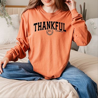 S.W.Smiley Thankful Varsity Arched - Women's Garment Dyed Long Sleeve Graphic T-Shirt