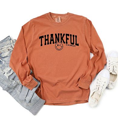 S.W.Smiley Thankful Varsity Arched - Women's Garment Dyed Long Sleeve Graphic T-Shirt