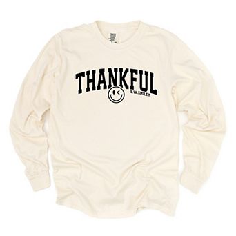 S.W.Smiley Thankful Varsity Arched - Women's Garment Dyed Long Sleeve Graphic T-Shirt