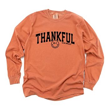 S.W.Smiley Thankful Varsity Arched - Women's Garment Dyed Long Sleeve Graphic T-Shirt